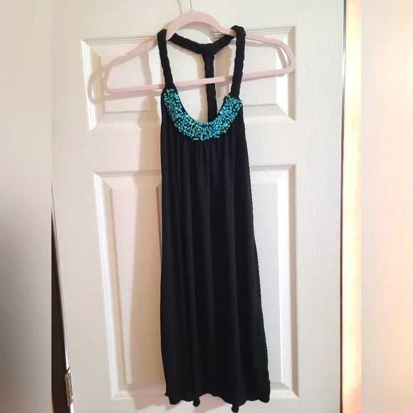 Black Dress with Turquoise Beaded Neckline - Picture 1 of 5